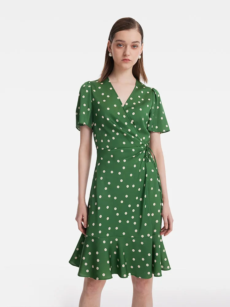 19 Momme Mulberry Silk Polka Dots Printed Ruffle Women Mini Dress With Scrunchie