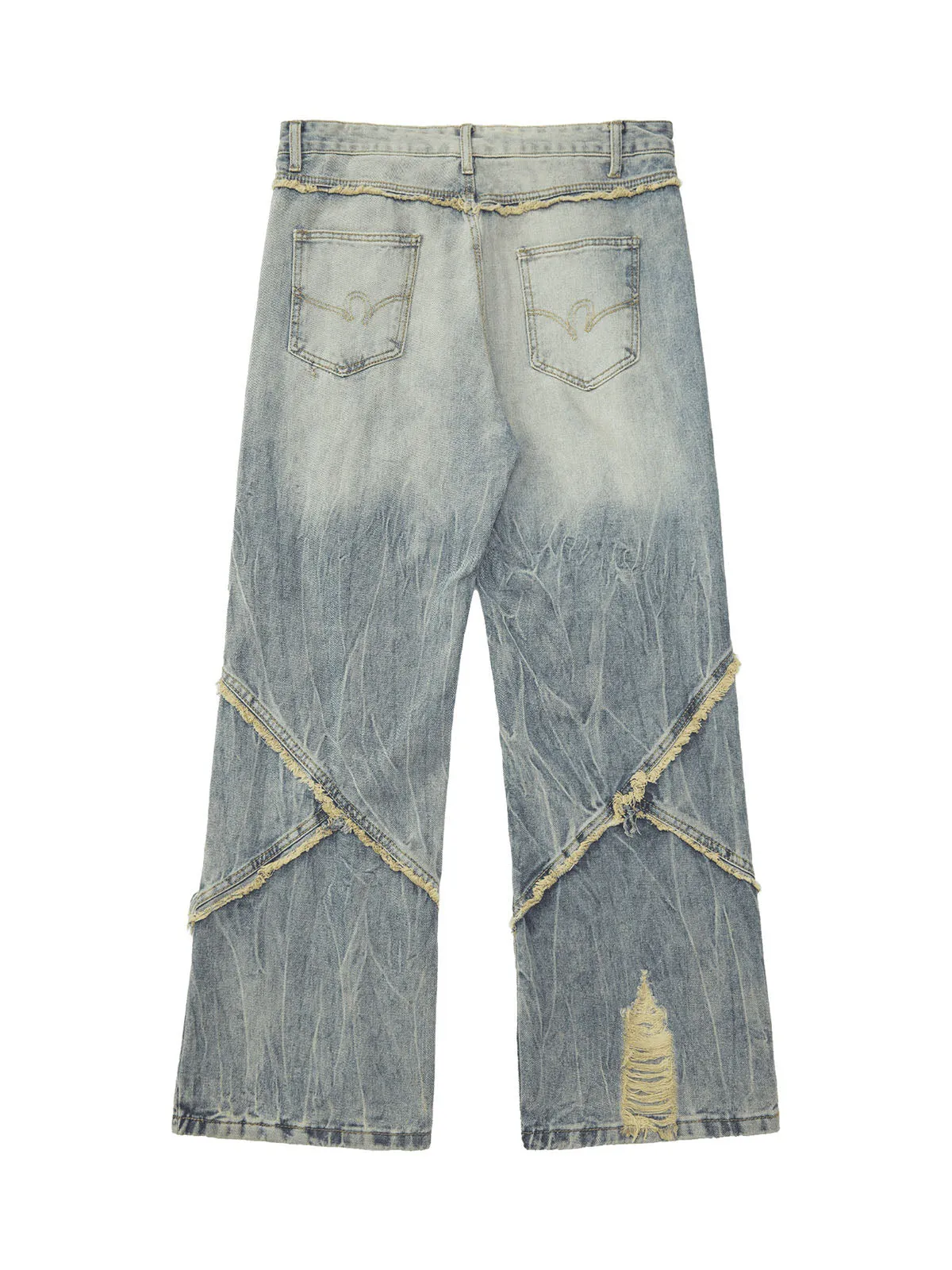 1984 Heavy Washed Ripped Plaid Stitching Hip-Hop Jeans - 2174