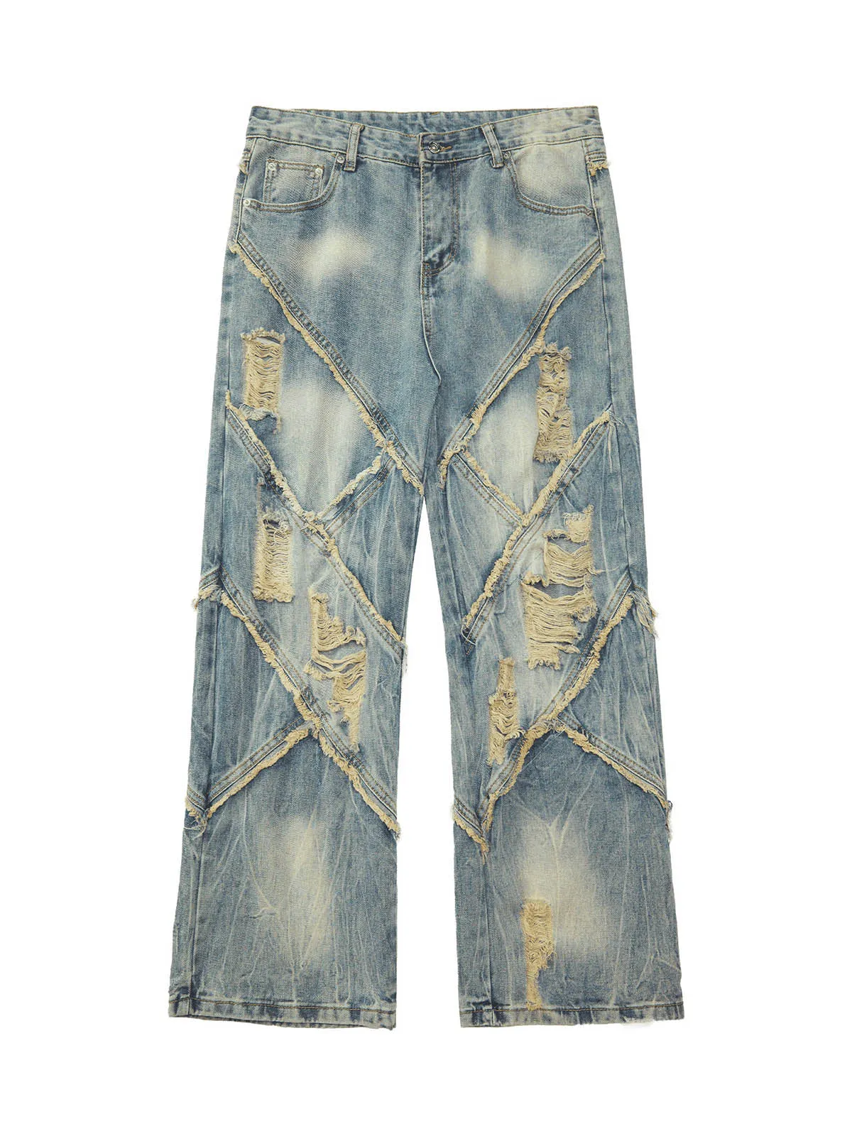 1984 Heavy Washed Ripped Plaid Stitching Hip-Hop Jeans - 2174