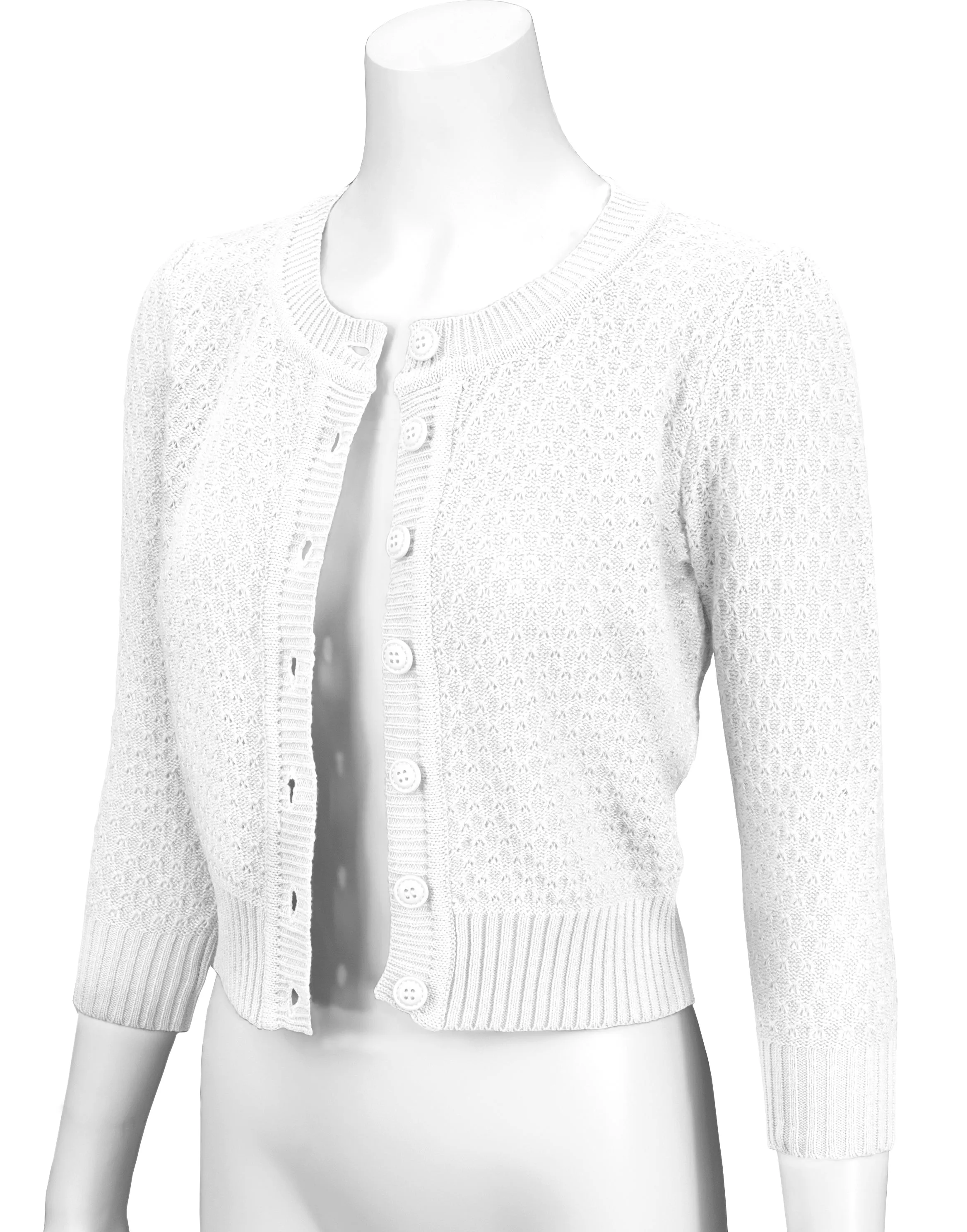 3/4 Sleeve Crewneck Crochet Knit Cropped Cardigan Sweater MK3514Y