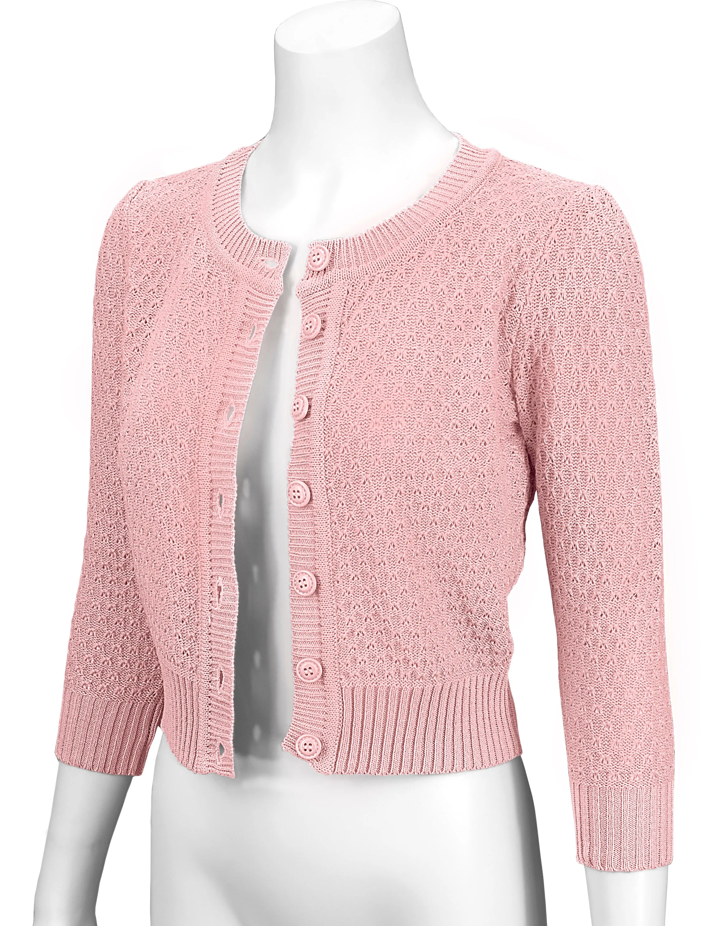 3/4 Sleeve Crewneck Crochet Knit Cropped Cardigan Sweater MK3514Y