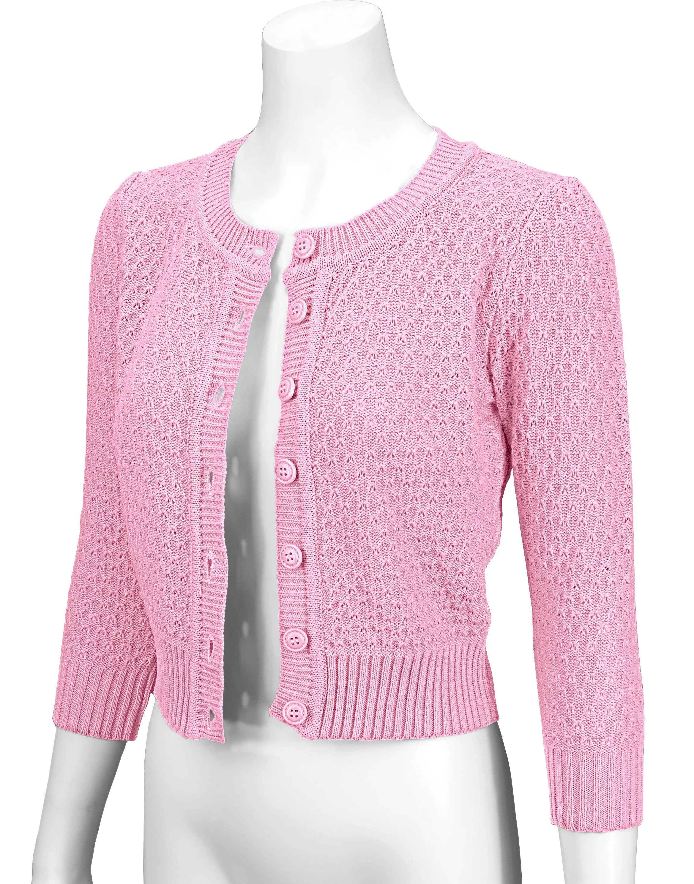 3/4 Sleeve Crewneck Crochet Knit Cropped Cardigan Sweater MK3514Y