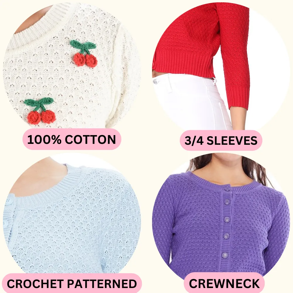 3/4 Sleeve Crewneck Crochet Knit Cropped Cardigan Sweater MK3515 (S-L)