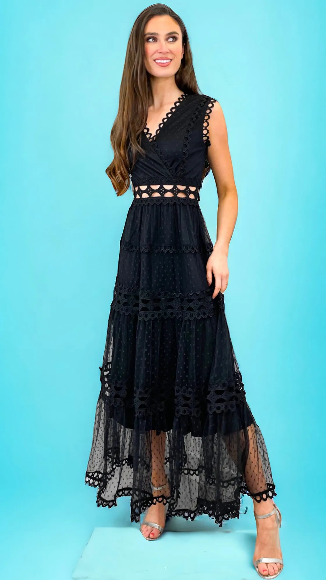 4-A1357 Black Maxi Flounce Dress