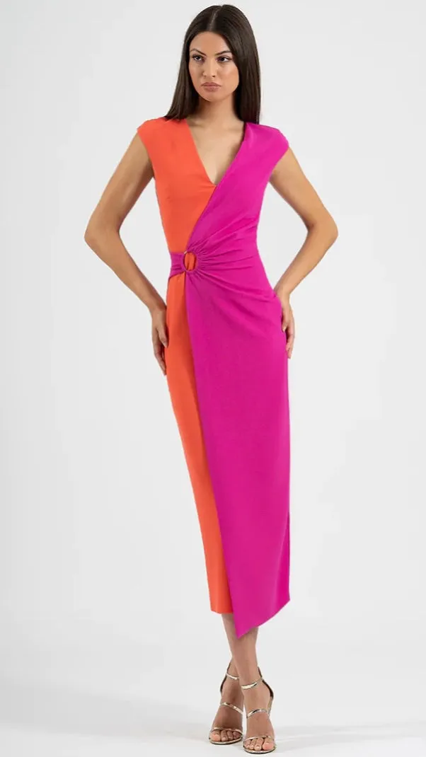 4-A1484 Elena 2 Tone Faux Wrap Dress