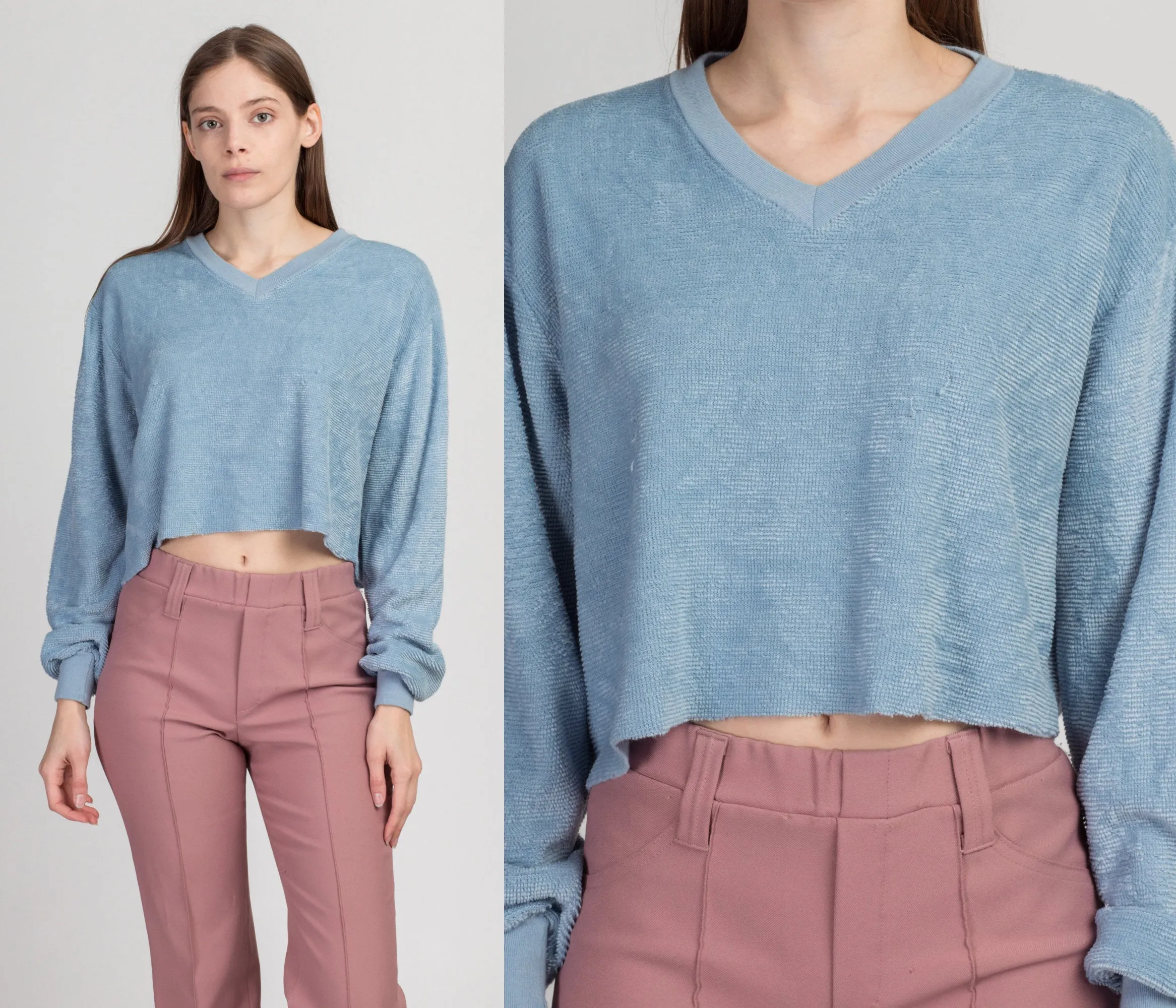 70s 80s Blue Velour Crop Top Sweatshirt - Large to XL