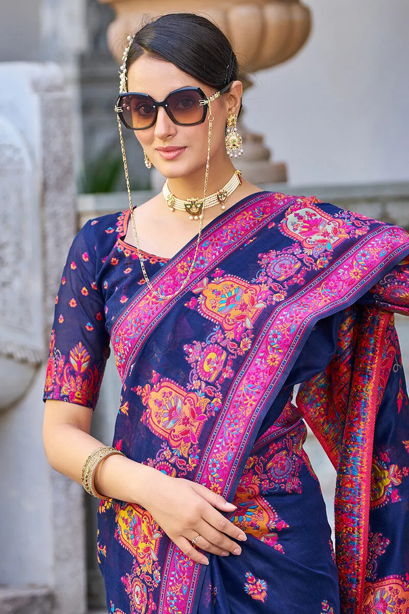 Adorable Navy Blue Pashmina saree With Extraordinary Blouse Piece