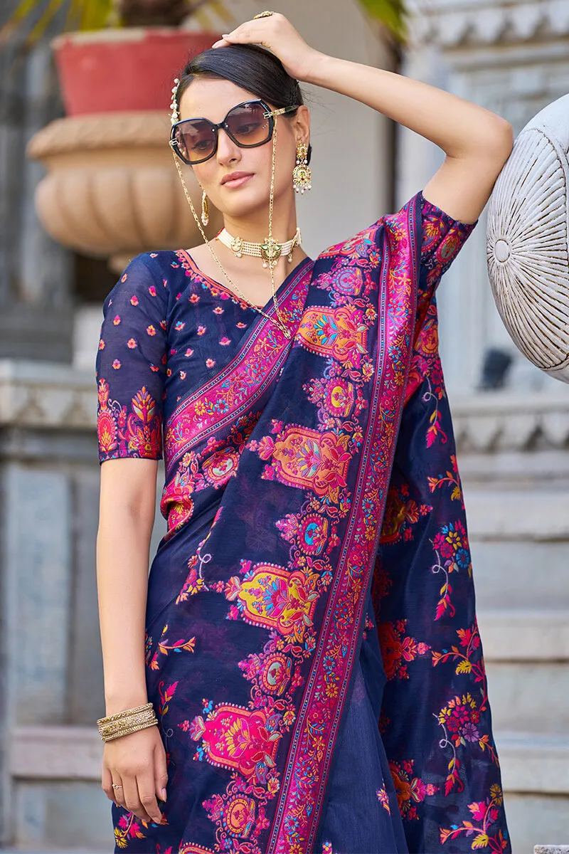 Adorable Navy Blue Pashmina saree With Extraordinary Blouse Piece