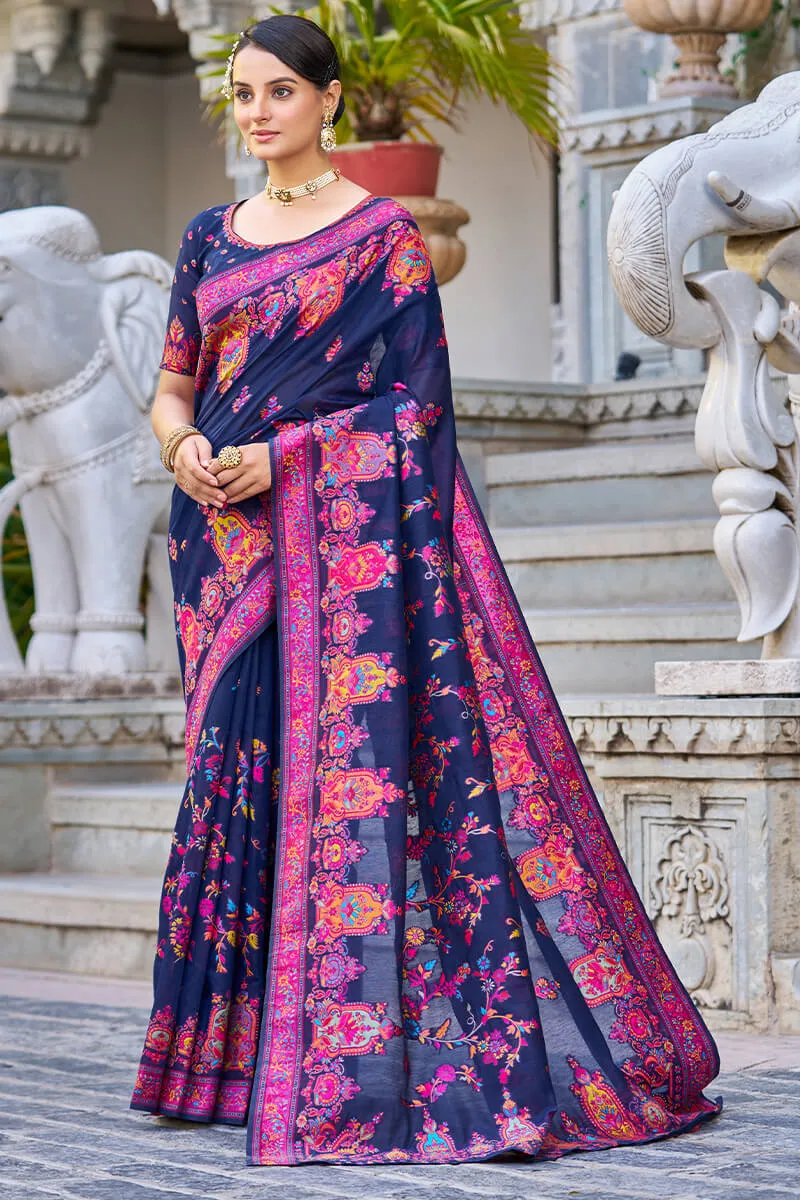 Adorable Navy Blue Pashmina saree With Extraordinary Blouse Piece