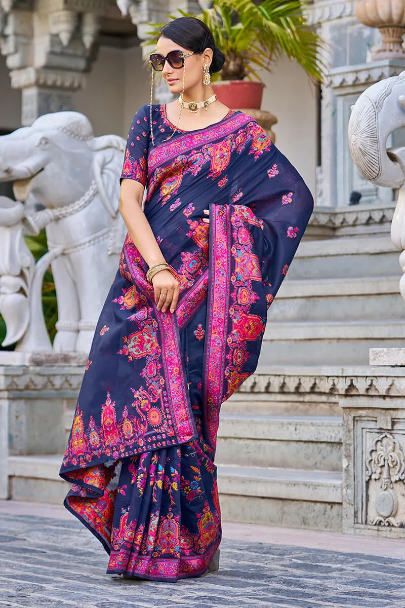 Adorable Navy Blue Pashmina saree With Extraordinary Blouse Piece