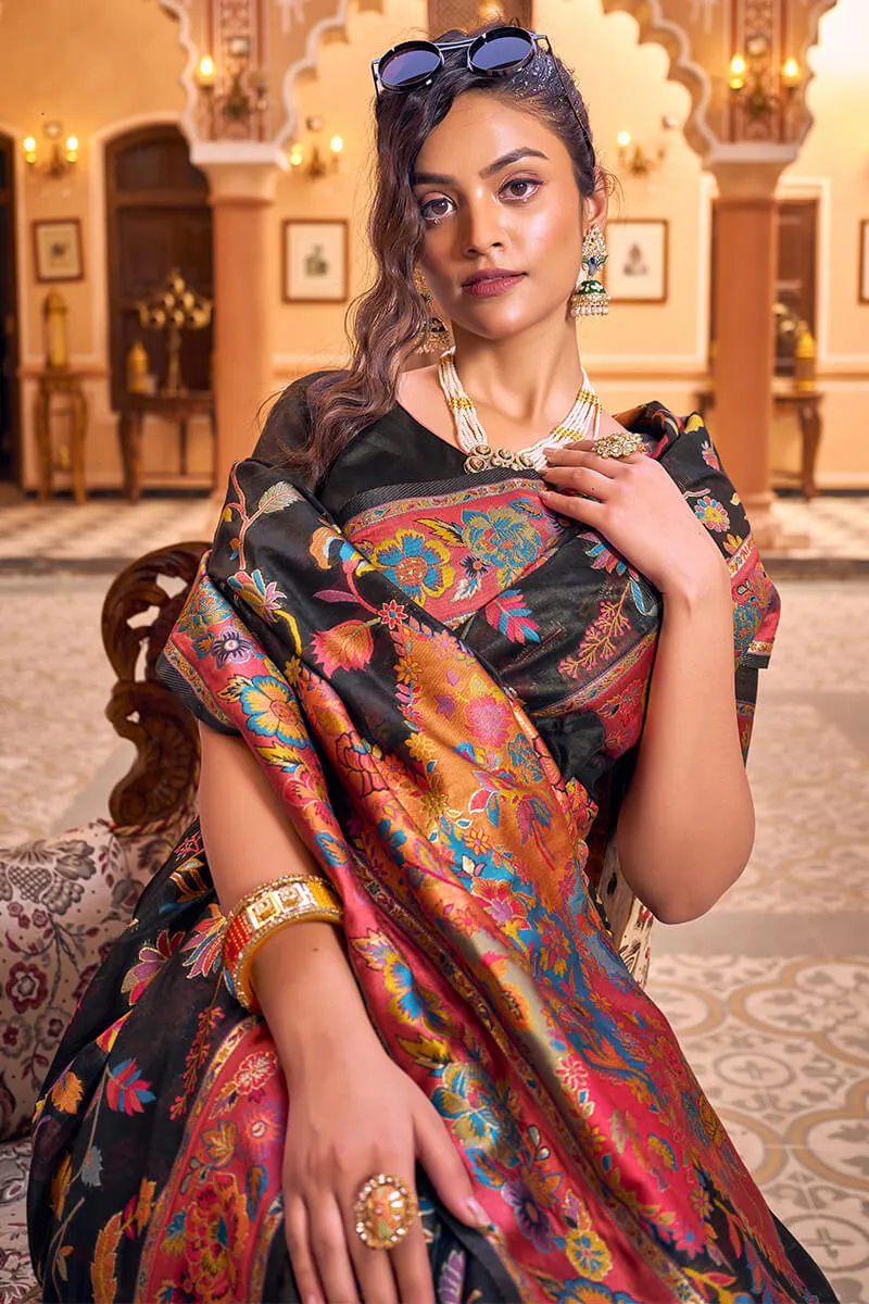 Amazing Black Linen Silk Saree With Trendy Blouse Piece