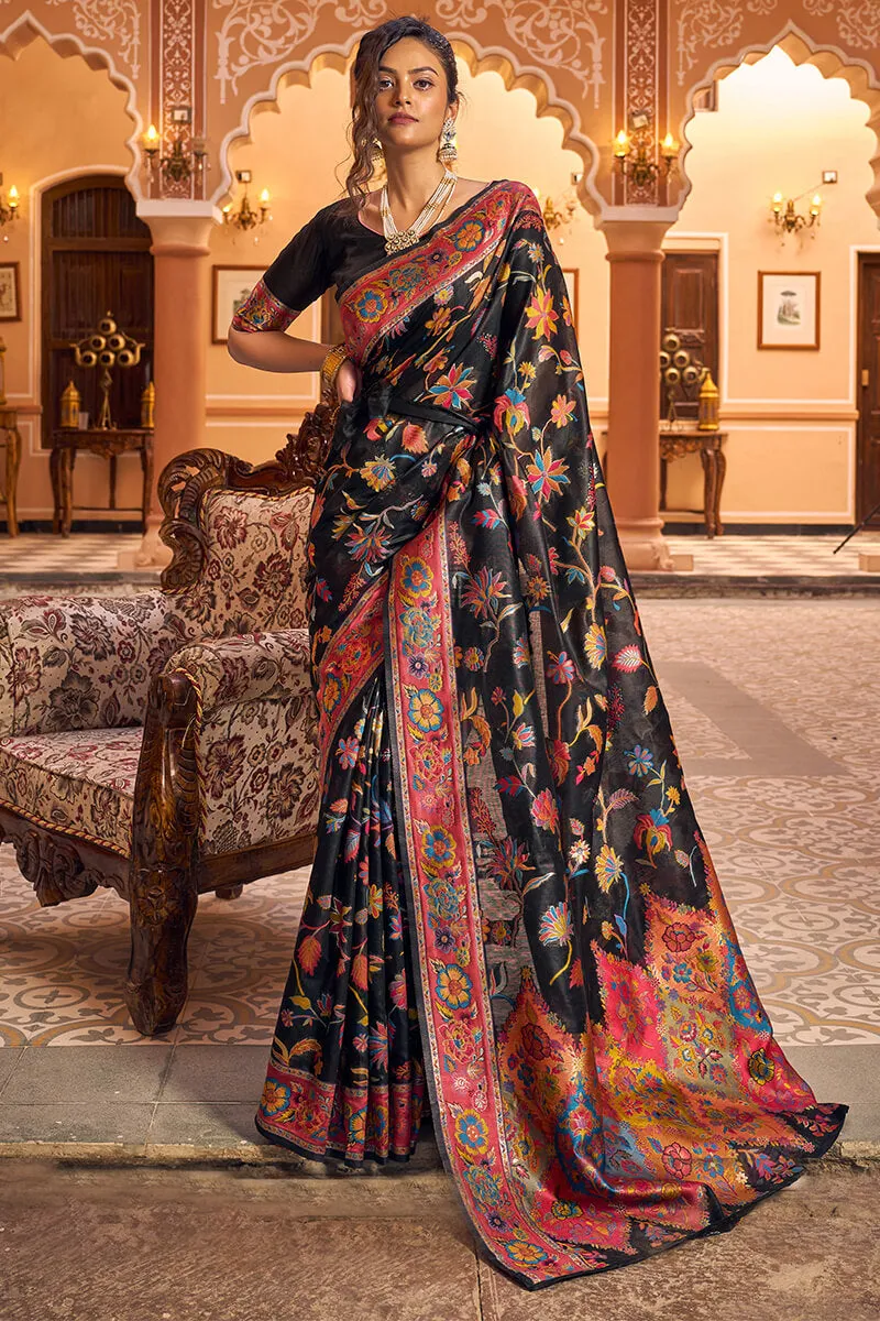 Amazing Black Linen Silk Saree With Trendy Blouse Piece