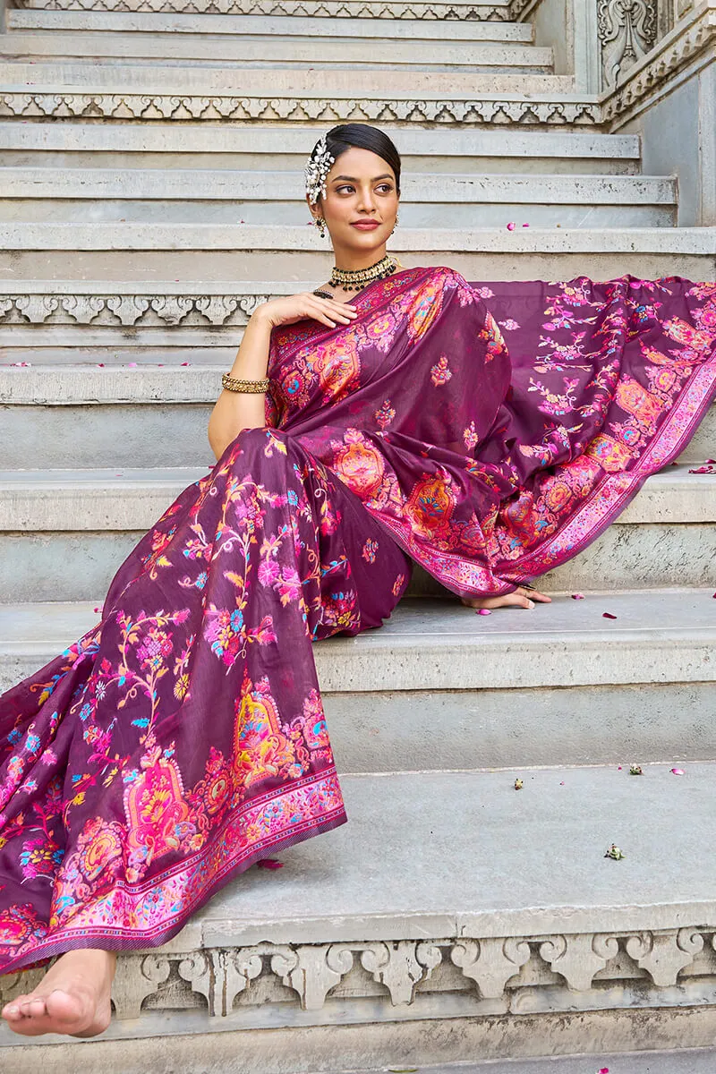 Amazing Wine Pashmina saree With Capricious Blouse Piece