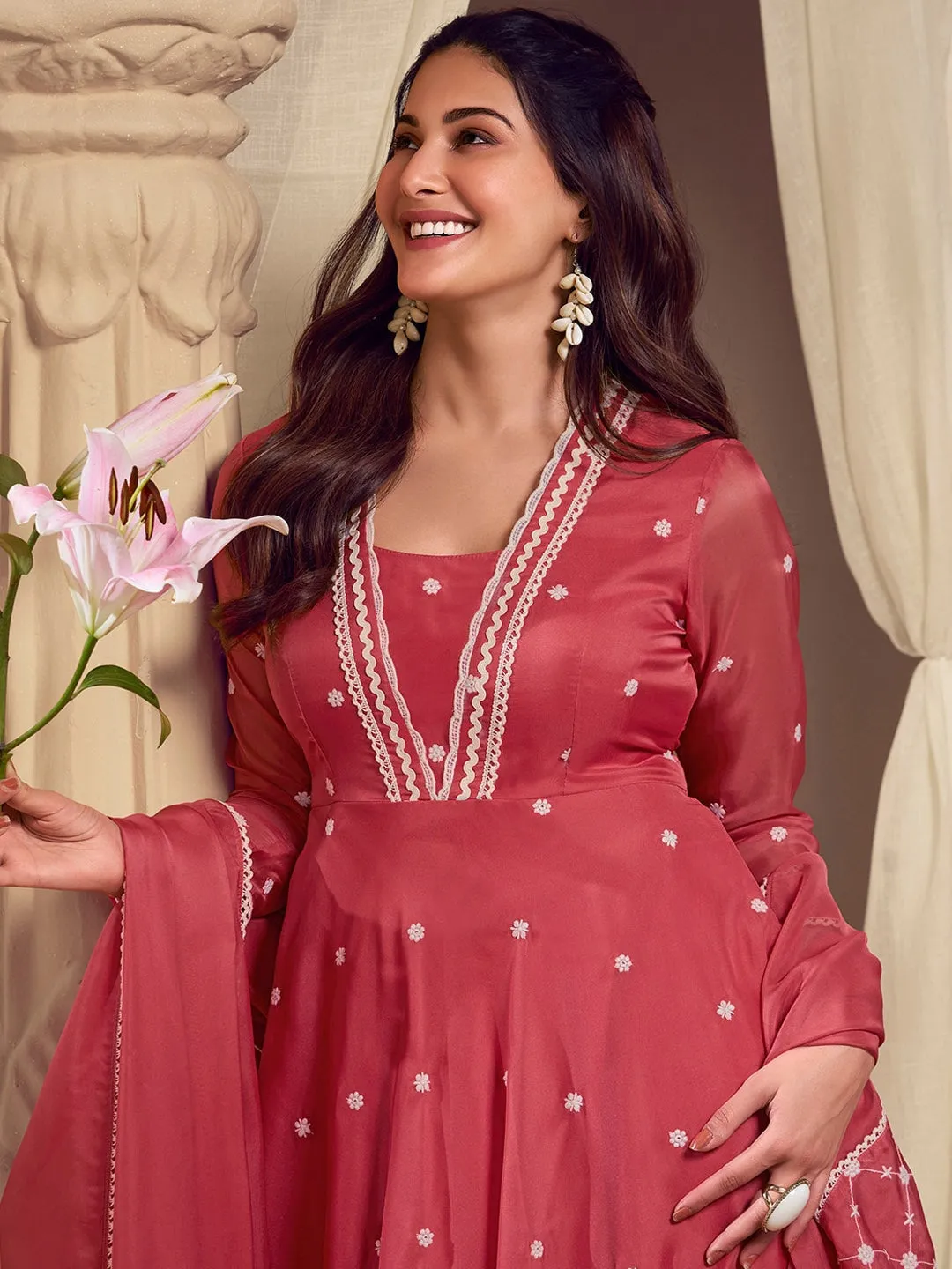 Amyra Dastur Rust Floral Embroidered Empire Thread Work Anarkali Kurta with Trousers & Dupatta