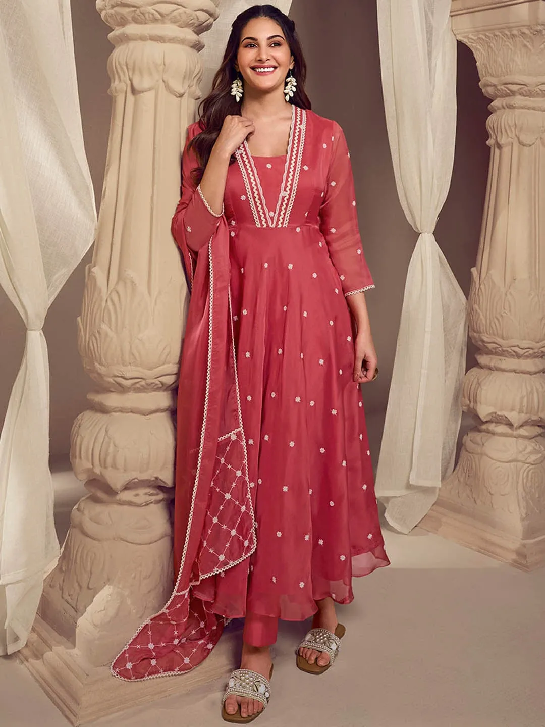 Amyra Dastur Rust Floral Embroidered Empire Thread Work Anarkali Kurta with Trousers & Dupatta