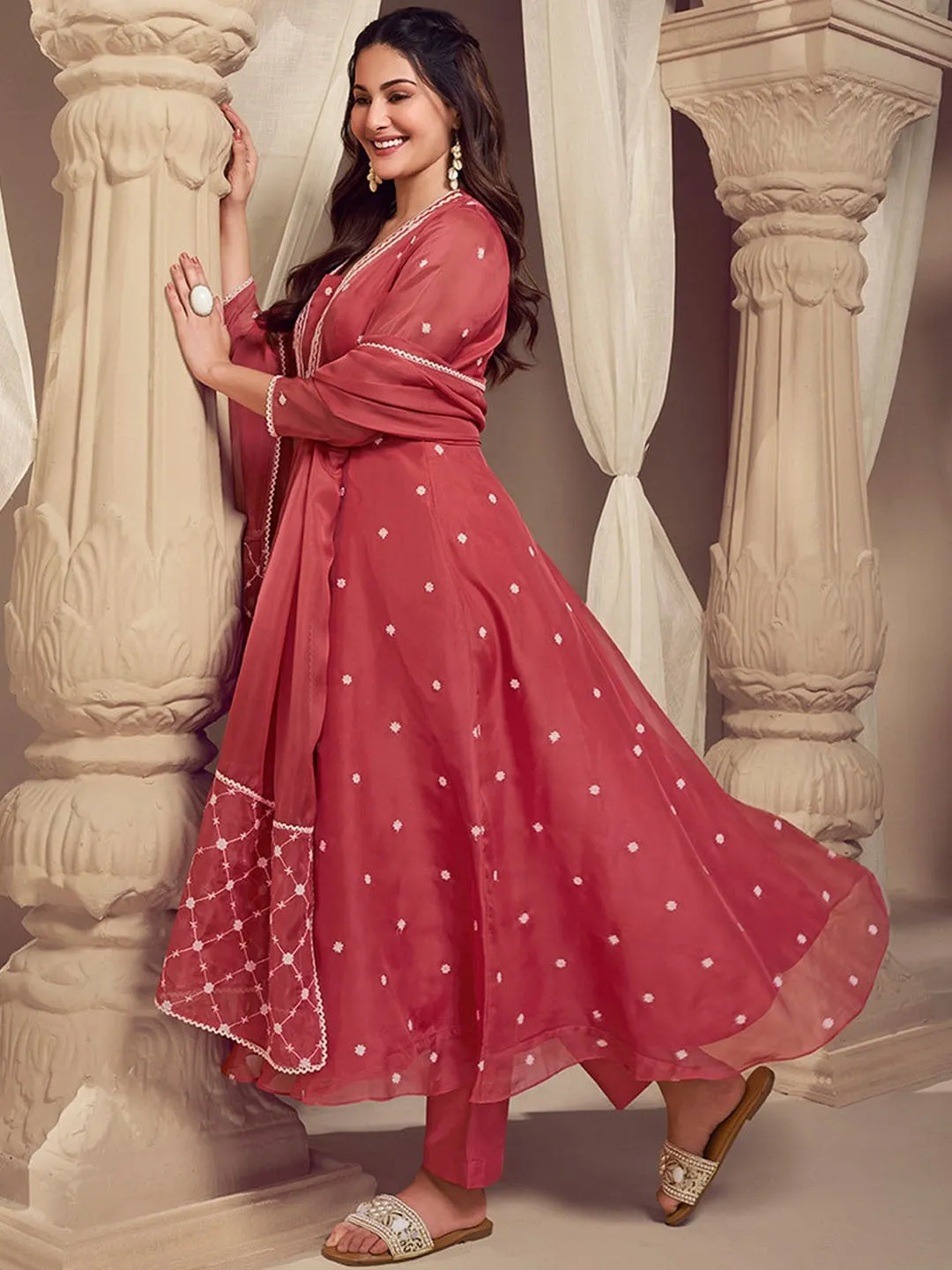 Amyra Dastur Rust Floral Embroidered Empire Thread Work Anarkali Kurta with Trousers & Dupatta