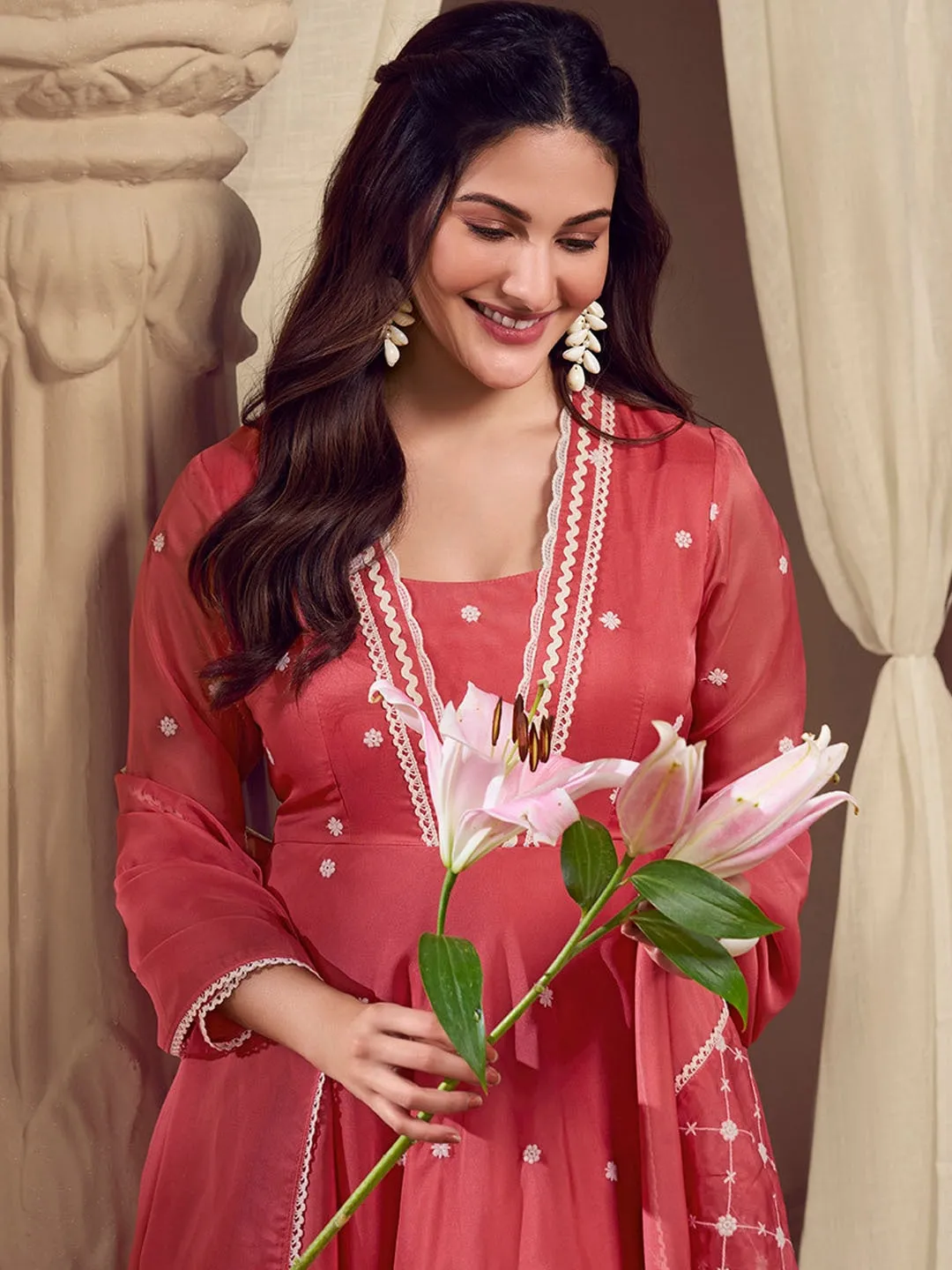 Amyra Dastur Rust Floral Embroidered Empire Thread Work Anarkali Kurta with Trousers & Dupatta