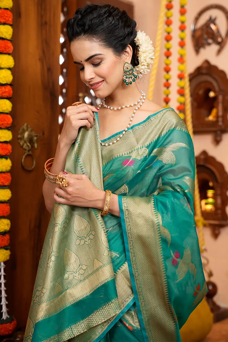 Appealing Rama Organza Silk Saree With Evanescent Blouse Piece