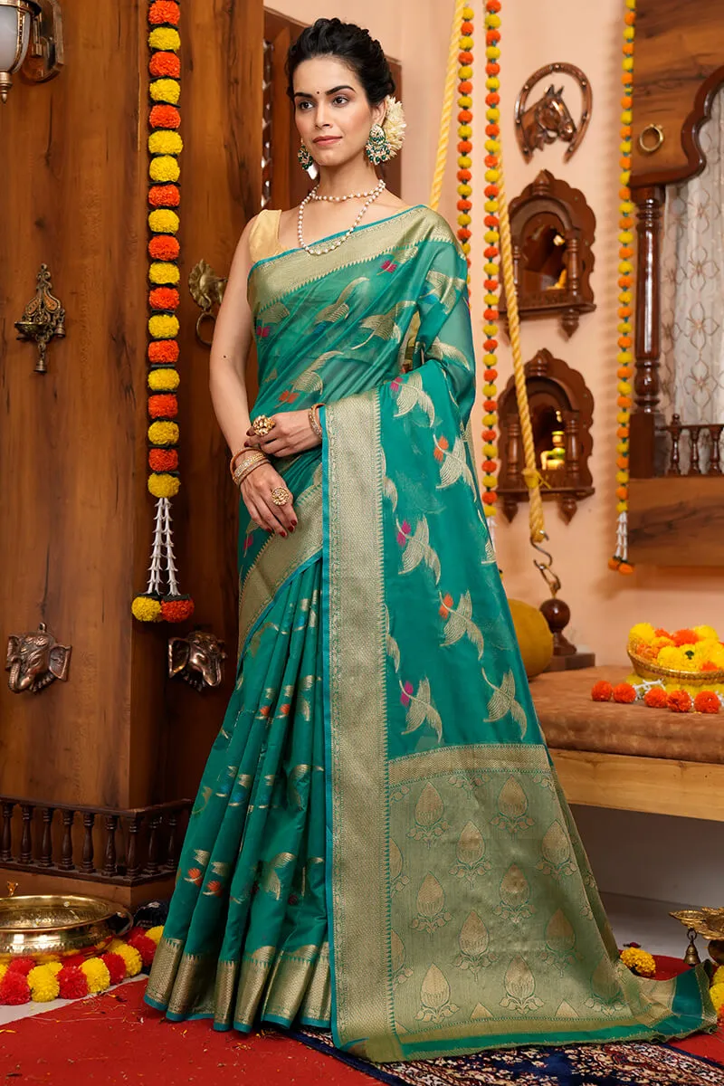 Appealing Rama Organza Silk Saree With Evanescent Blouse Piece