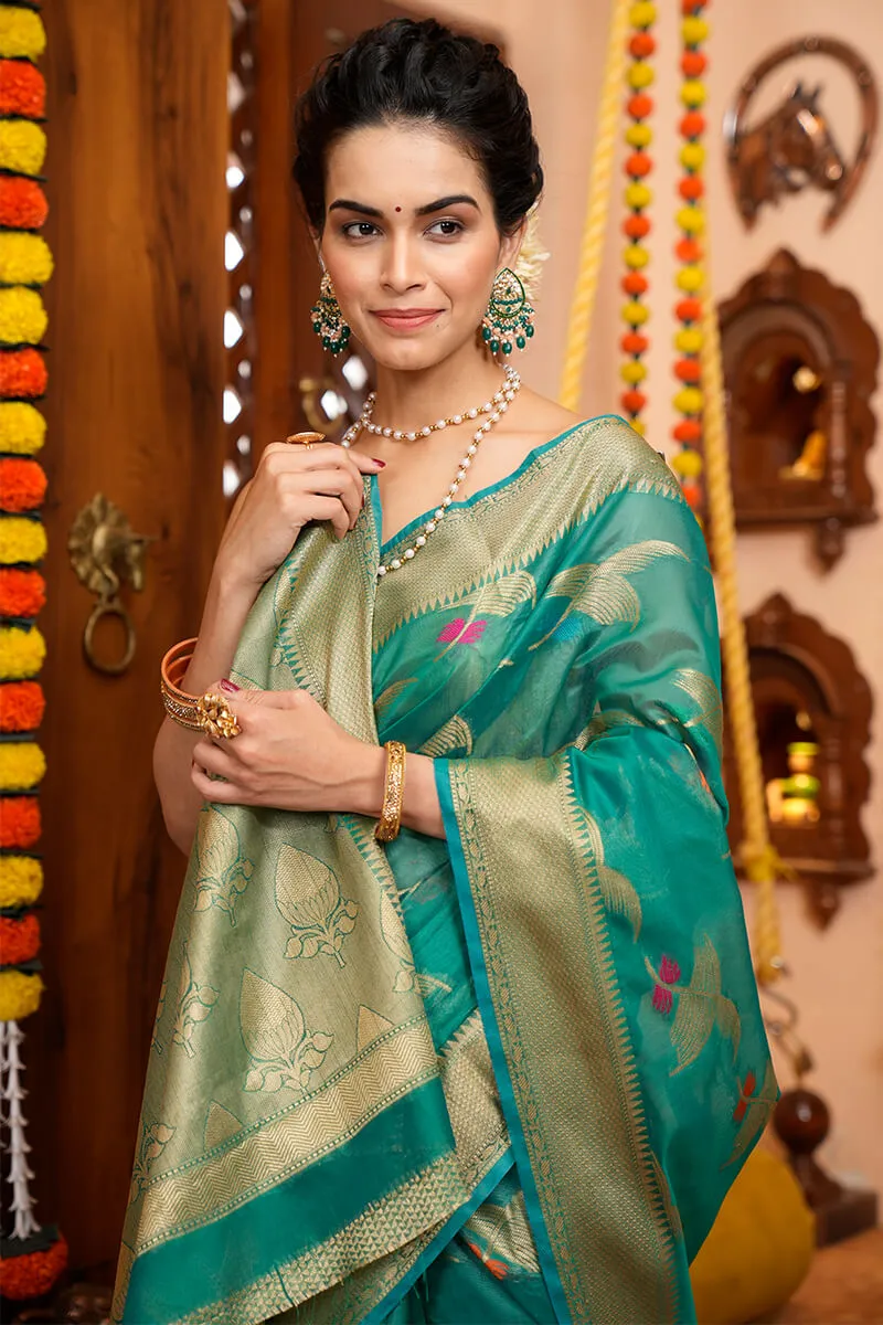 Appealing Rama Organza Silk Saree With Evanescent Blouse Piece