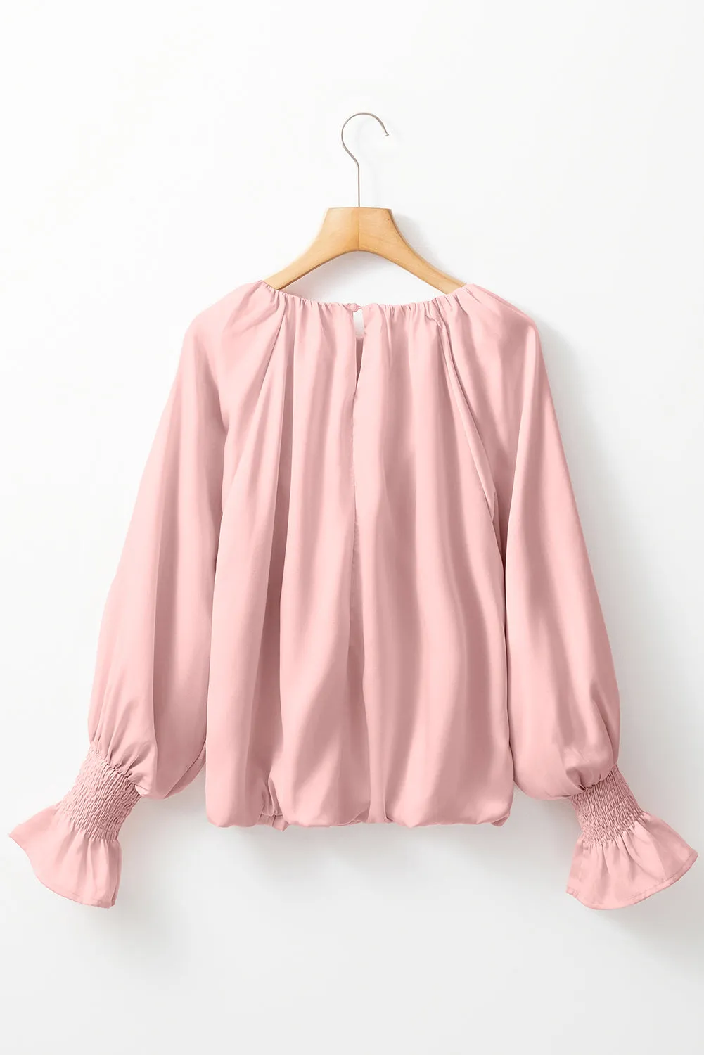 Apricot Pink Pleated Round Neck Smocked Cuffs Satin Blouse