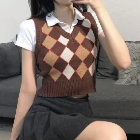 Argyle Women Sweater Vest Vintage Autumn Knit Pullover Cute Crop Jumper Short Sweater Streetwear Brown Top