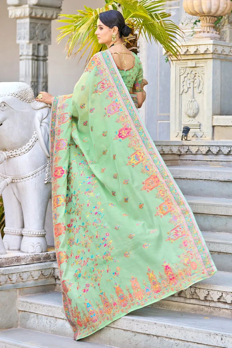 Arresting Pista Pashmina saree With Gleaming Blouse Piece