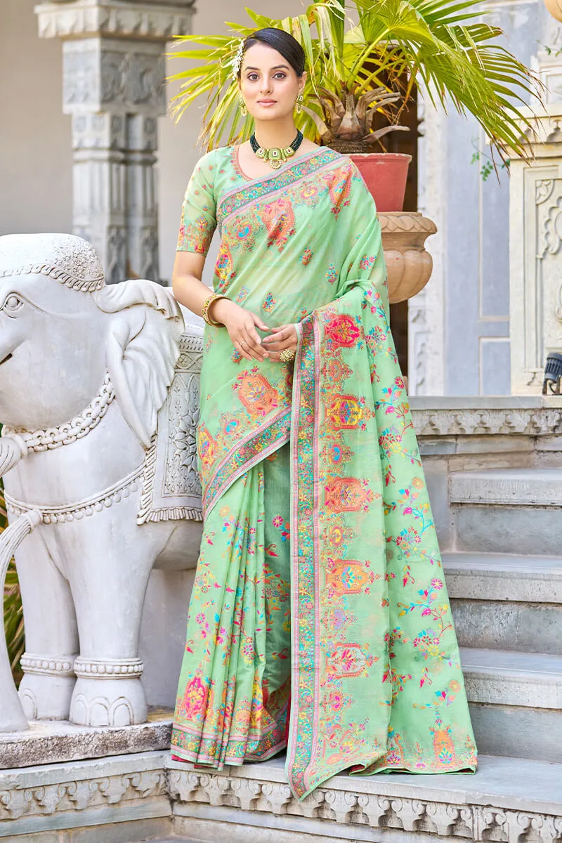 Arresting Pista Pashmina saree With Gleaming Blouse Piece