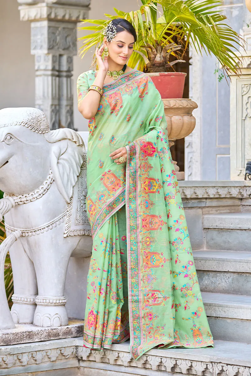 Arresting Pista Pashmina saree With Gleaming Blouse Piece