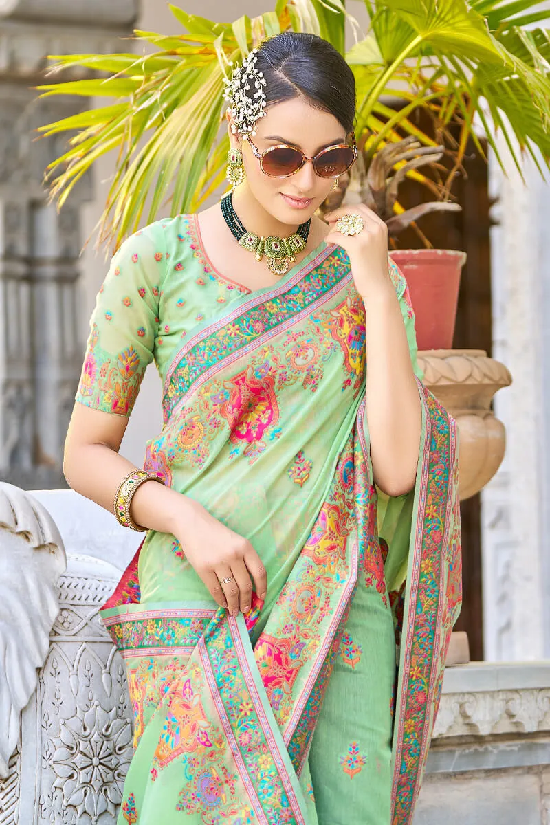 Arresting Pista Pashmina saree With Gleaming Blouse Piece