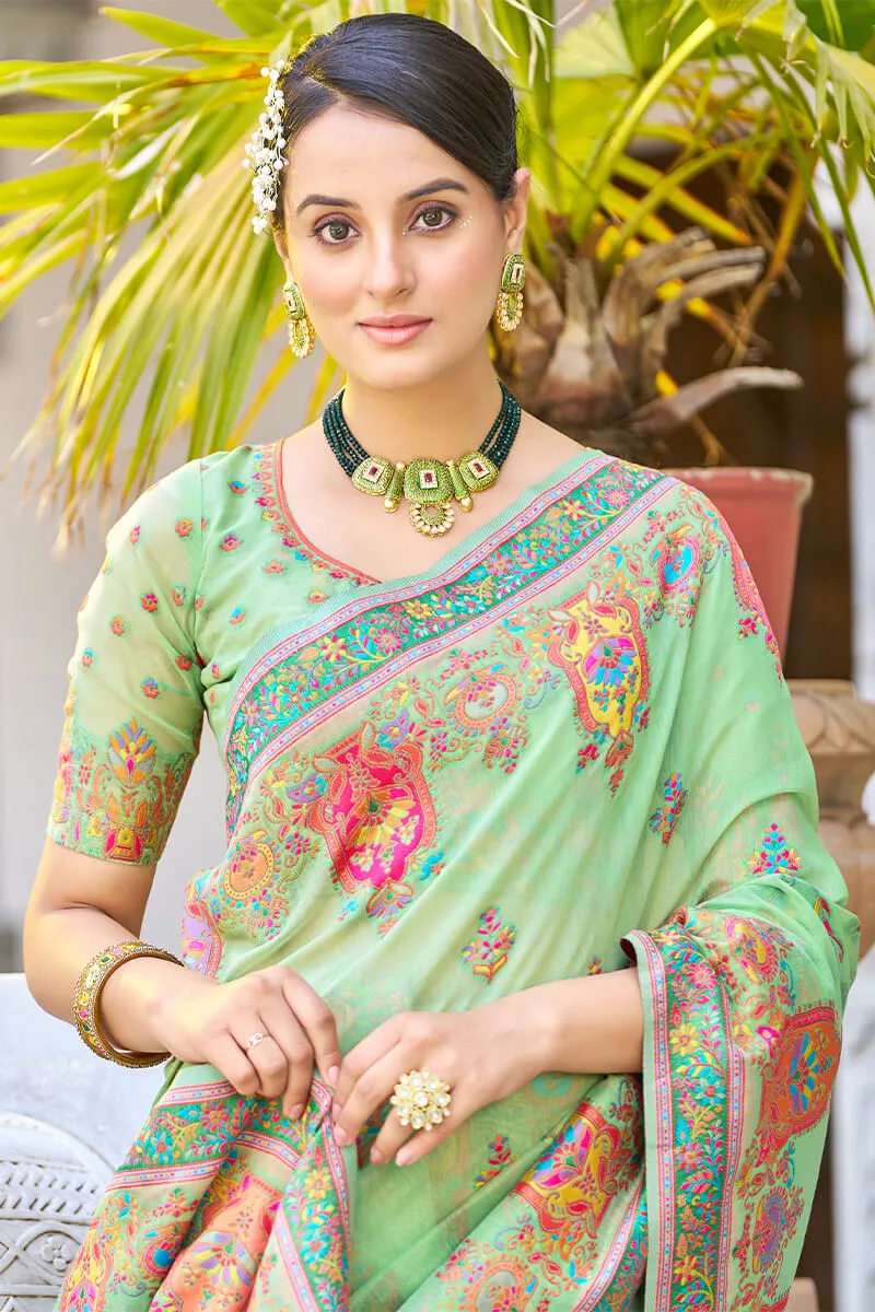 Arresting Pista Pashmina saree With Gleaming Blouse Piece