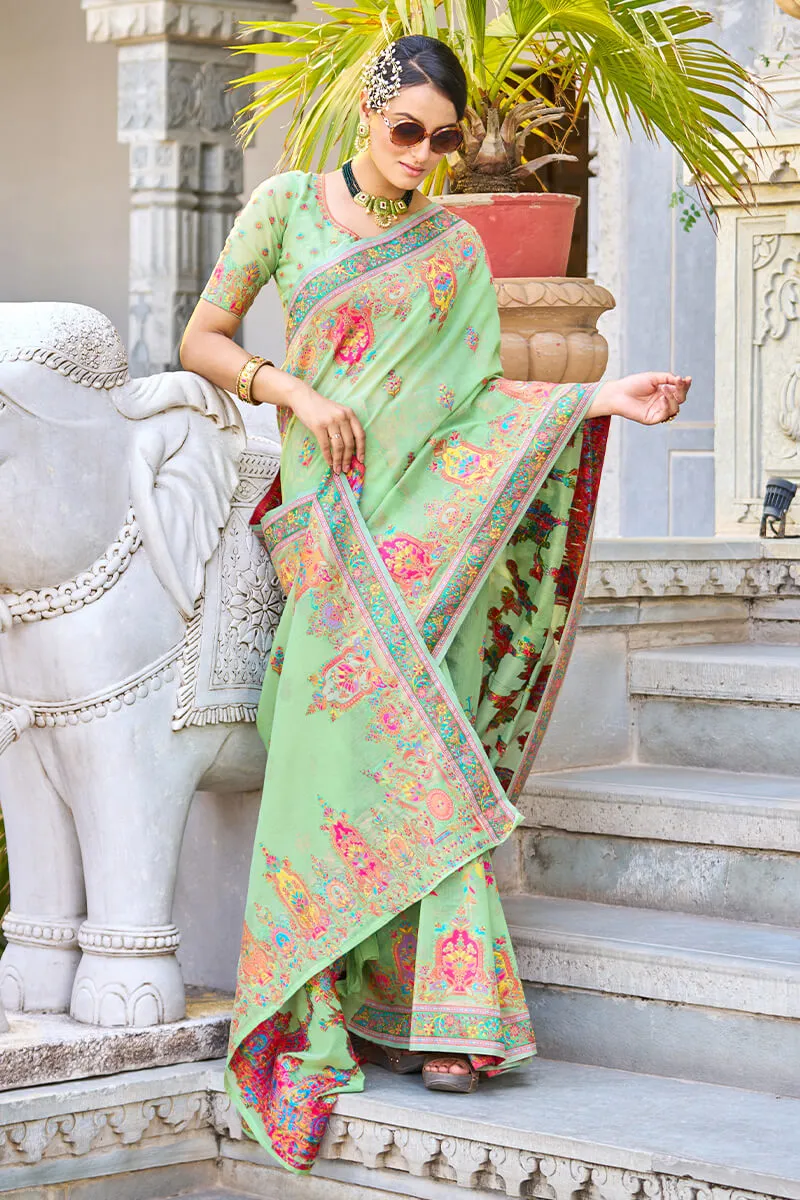 Arresting Pista Pashmina saree With Gleaming Blouse Piece