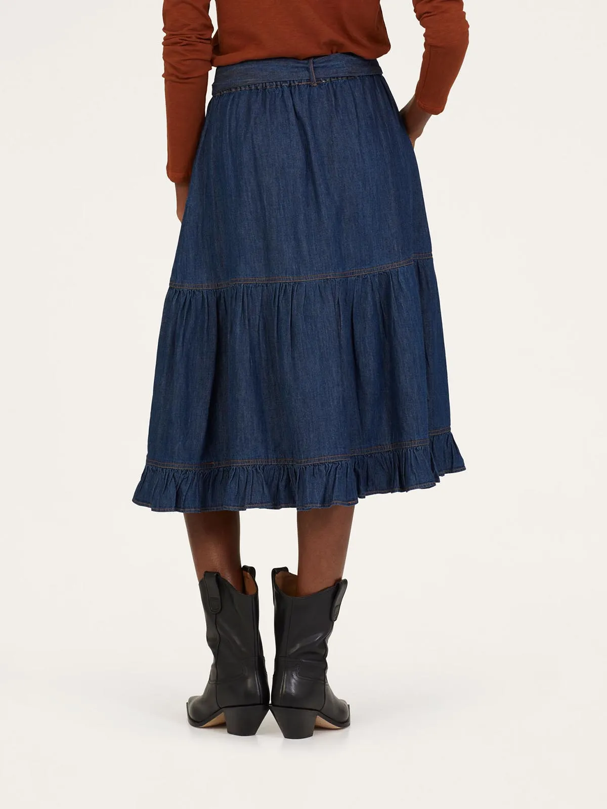 Asterope Organic Cotton Chambray Midi Skirt - Dark Indigo Blue