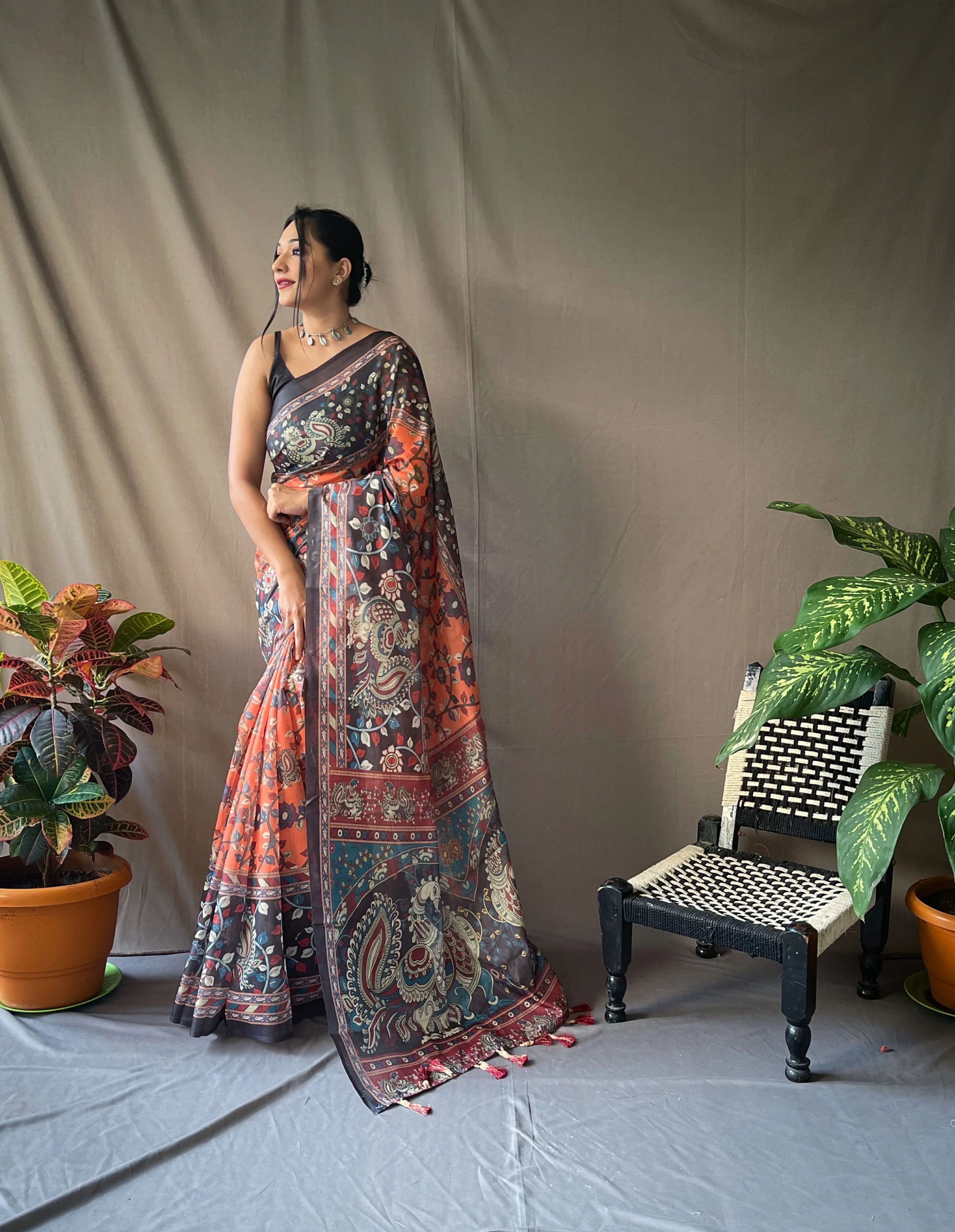 BasketBall Orange Saree in Cotton Kalamkari Printed