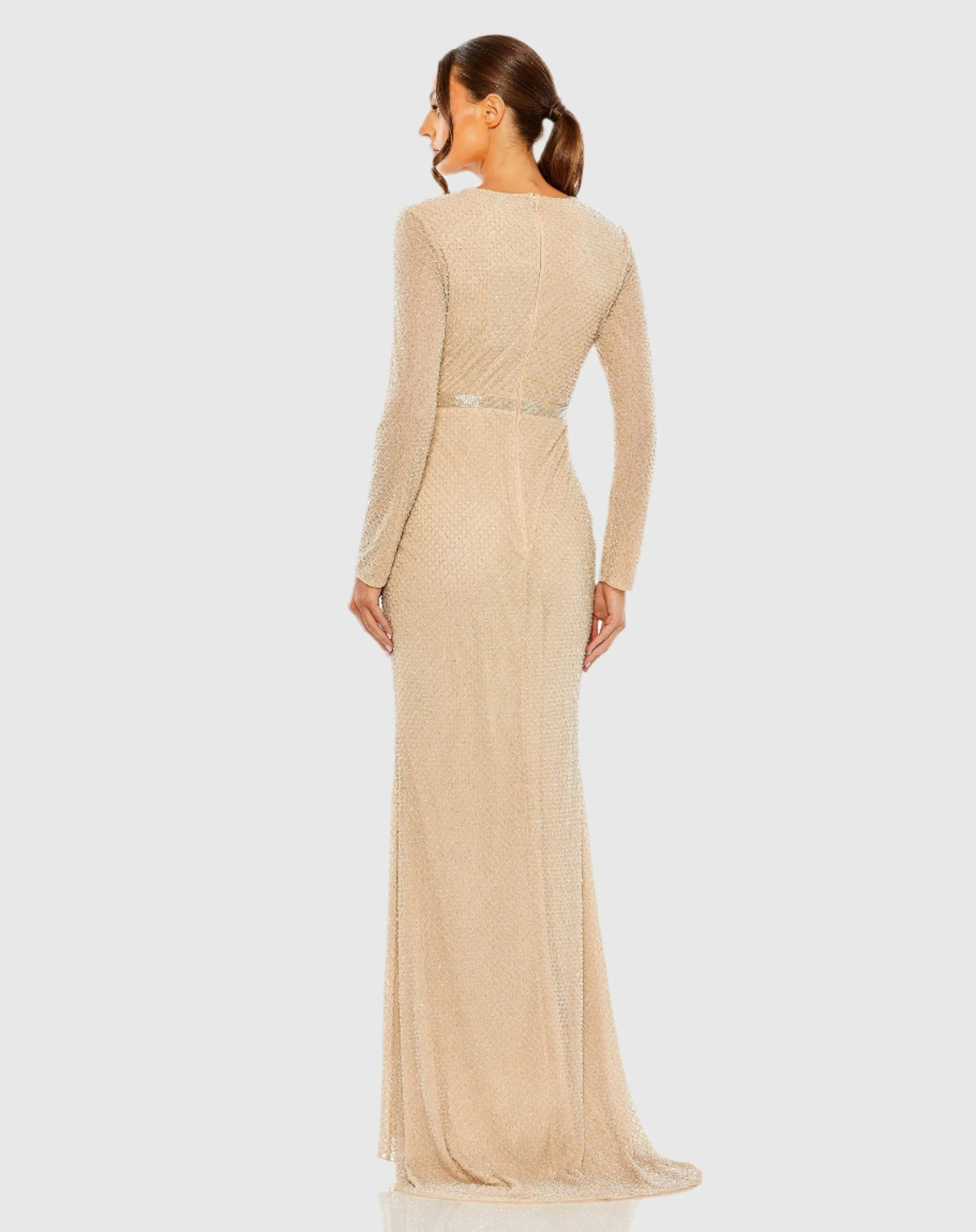 Beaded High Neck Long Sleeve Gown