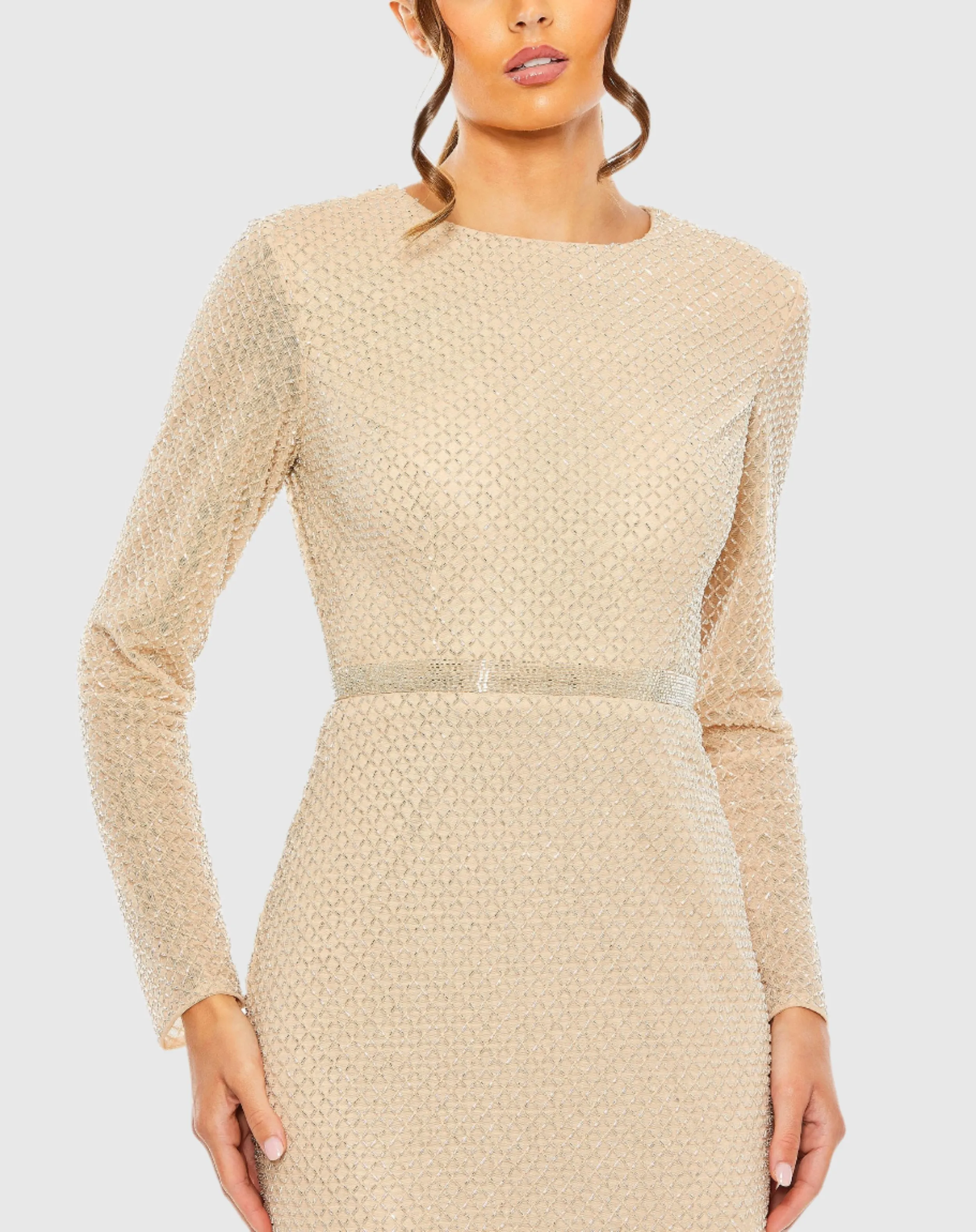 Beaded High Neck Long Sleeve Gown