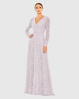 Beaded Lace Long Sleeve Wrap Over Gown