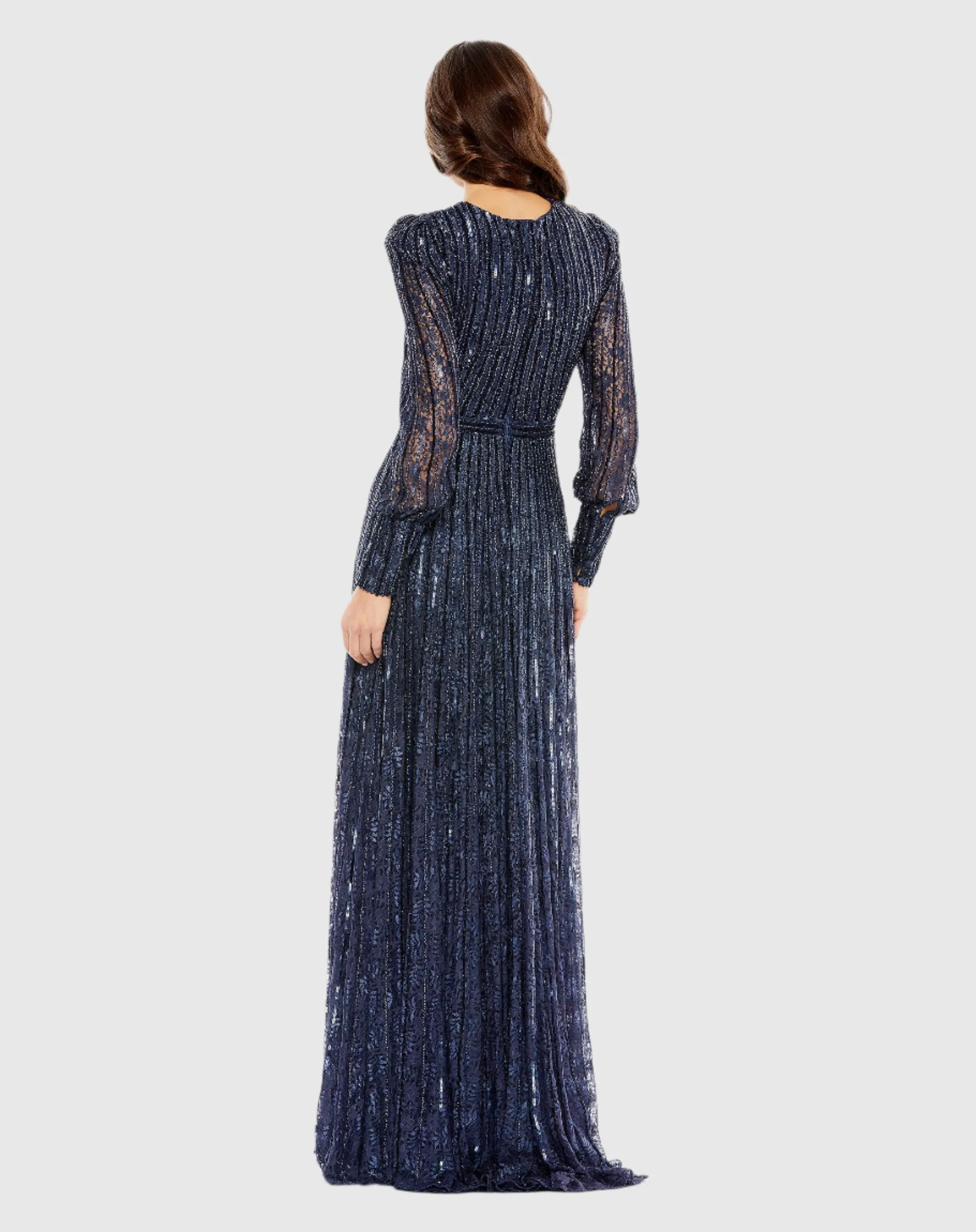 Beaded Lace Long Sleeve Wrap Over Gown