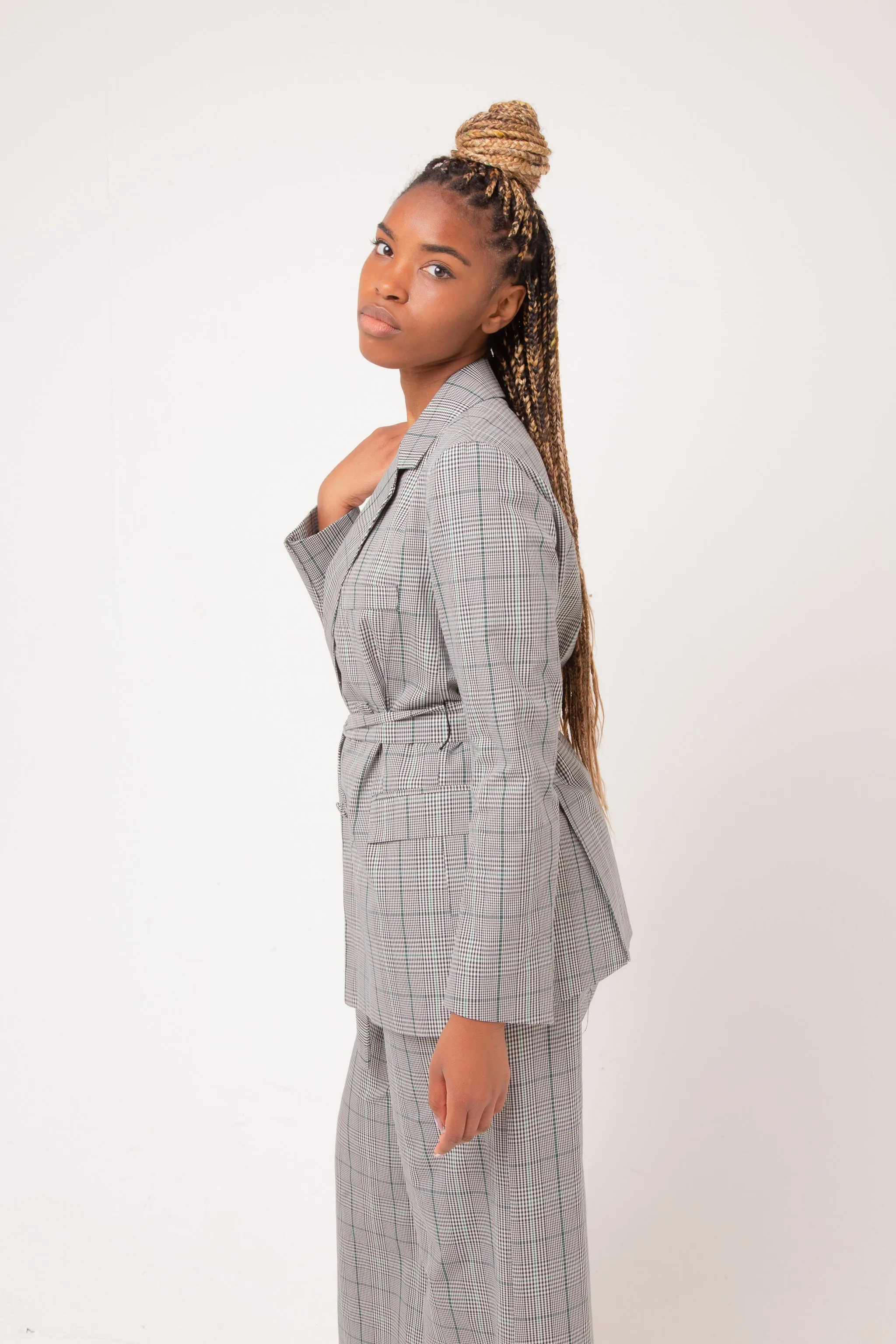 Bety Tie Waist Blazer in Grey Check