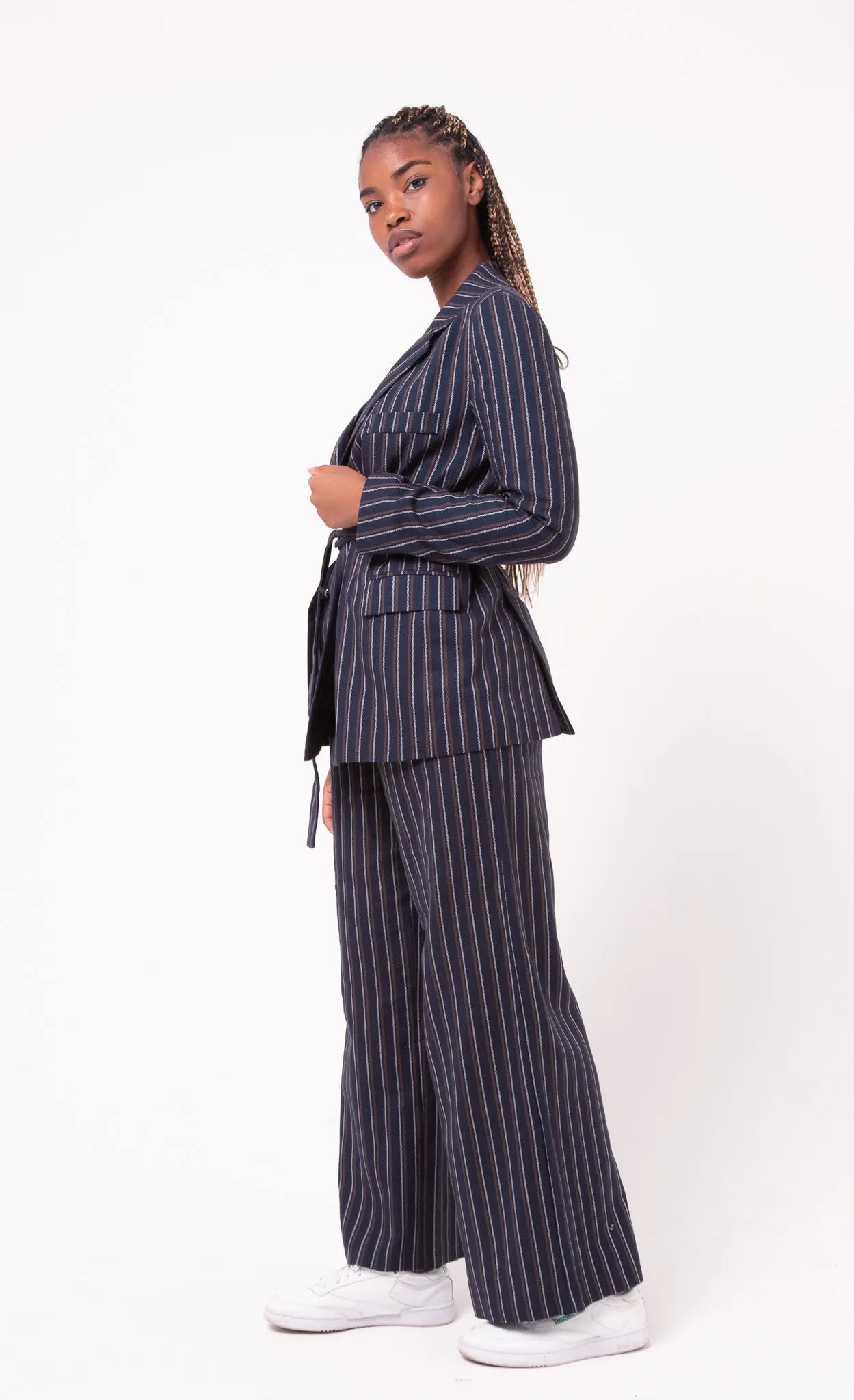 Bety Tie Waist Blazer in Navy Pinstripe