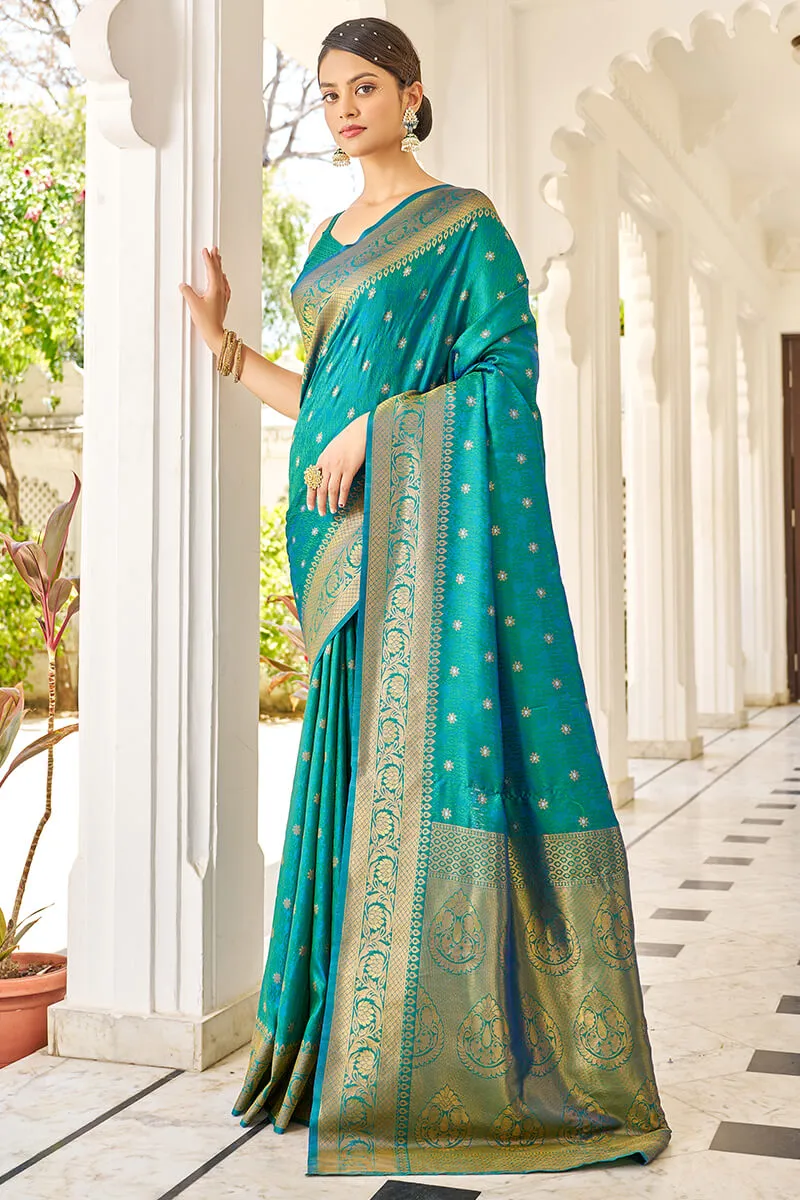 Bewitching Rama Kanjivaram Silk Saree With Majesty Blouse Piece