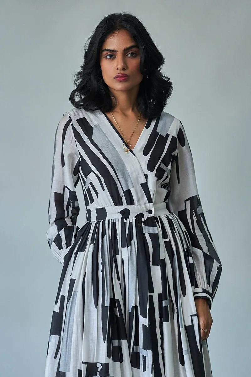 Black and White Wrap-around Bemberg Silk Dress