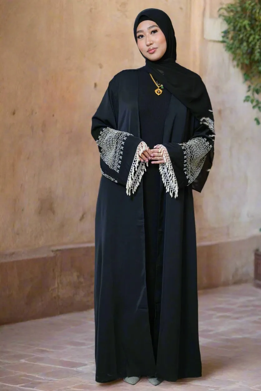 Black Beaded Fringe Sleeves Open Front Abaya