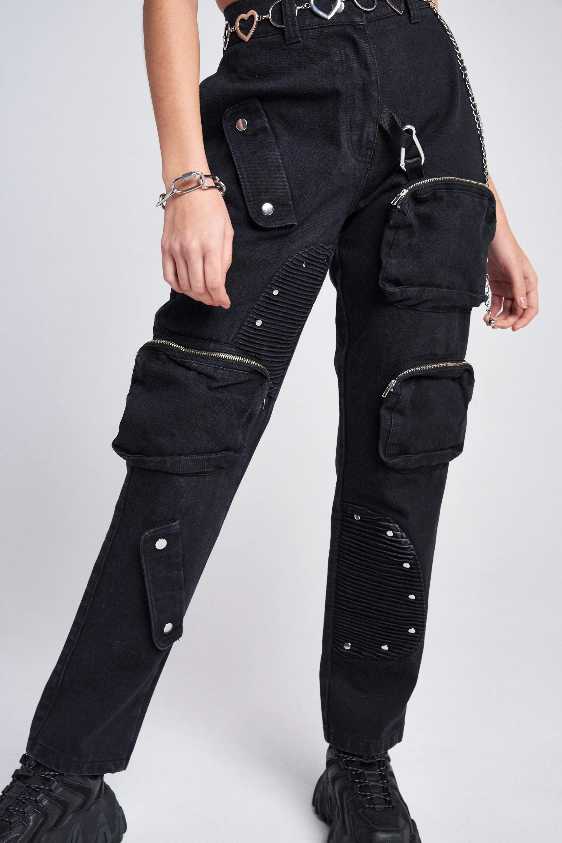 Black Cargo Jeans With Round Pocket Detail