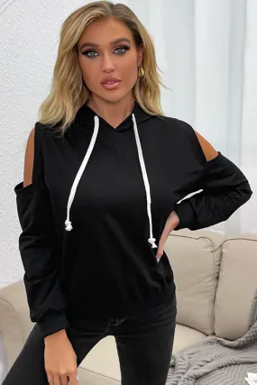 Black Cold Shoulder Drawstring Hoodie