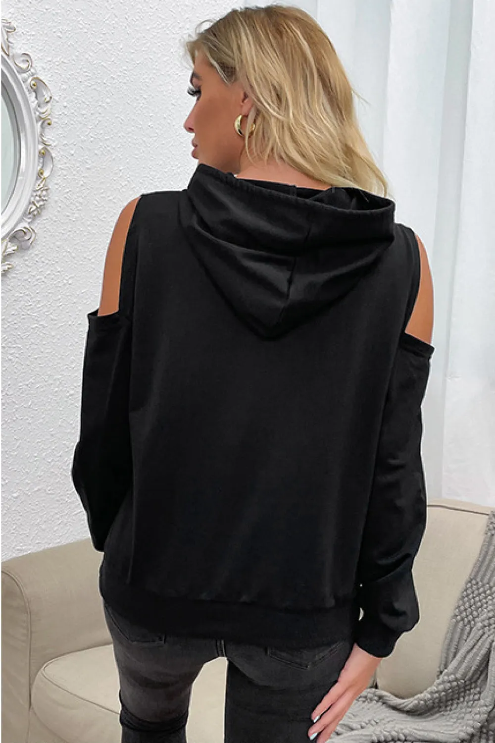 Black Cold Shoulder Drawstring Hoodie