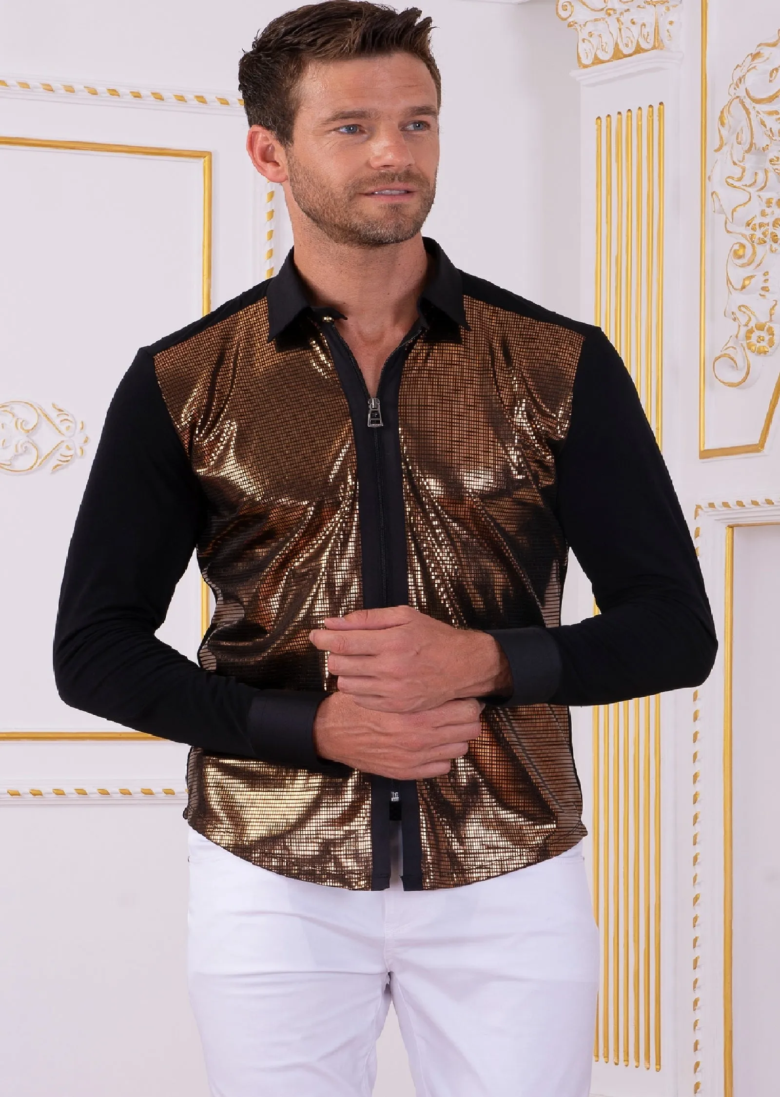 Black Gold Shine Zipper Shirt