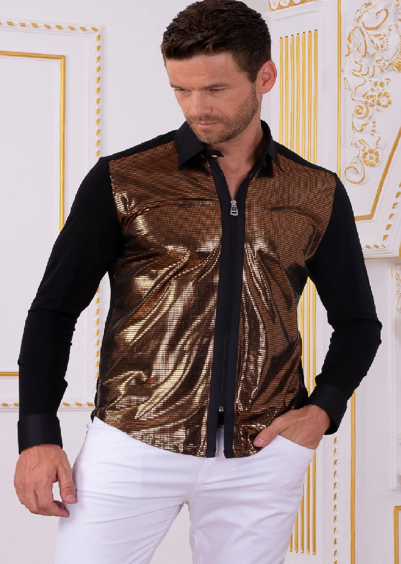 Black Gold Shine Zipper Shirt