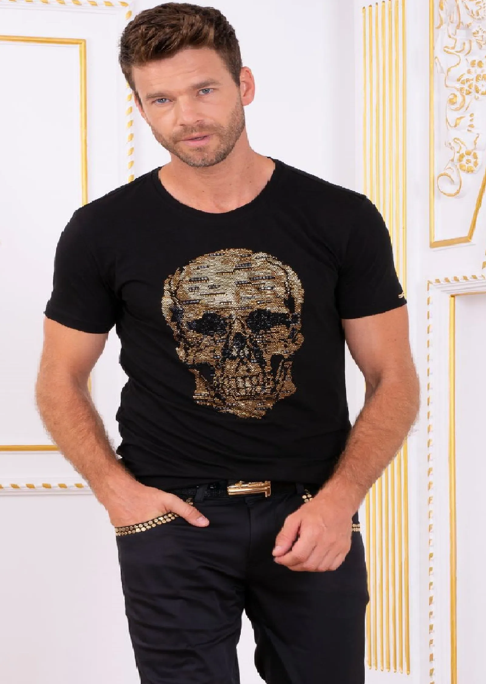 Black Gold Skull Rhinestone Tee