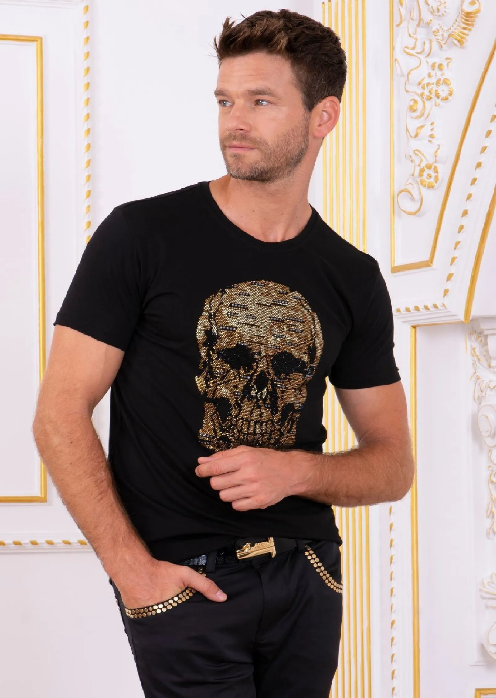 Black Gold Skull Rhinestone Tee